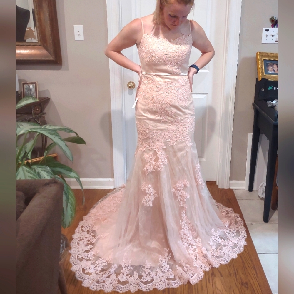NWT Fit and Flare pink lace applique, long gown By OK Bridal